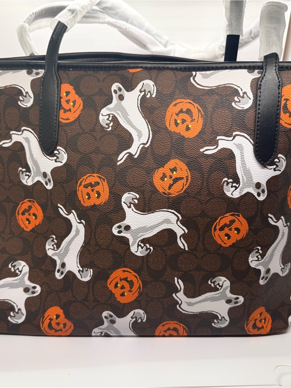 COACH Halloween Ghost & Pumpkin Signature Tote in Brown/Orange - Picture 2 of 4